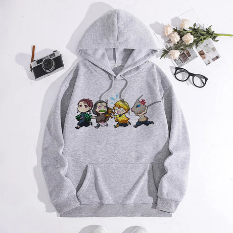 Japanese Anime Demon Slayer Hoodie Unisex Kamado Tanjirou Graphic Sweatshirts Greys Y2k Harajuku Fashion Cartoon Pullover Winter