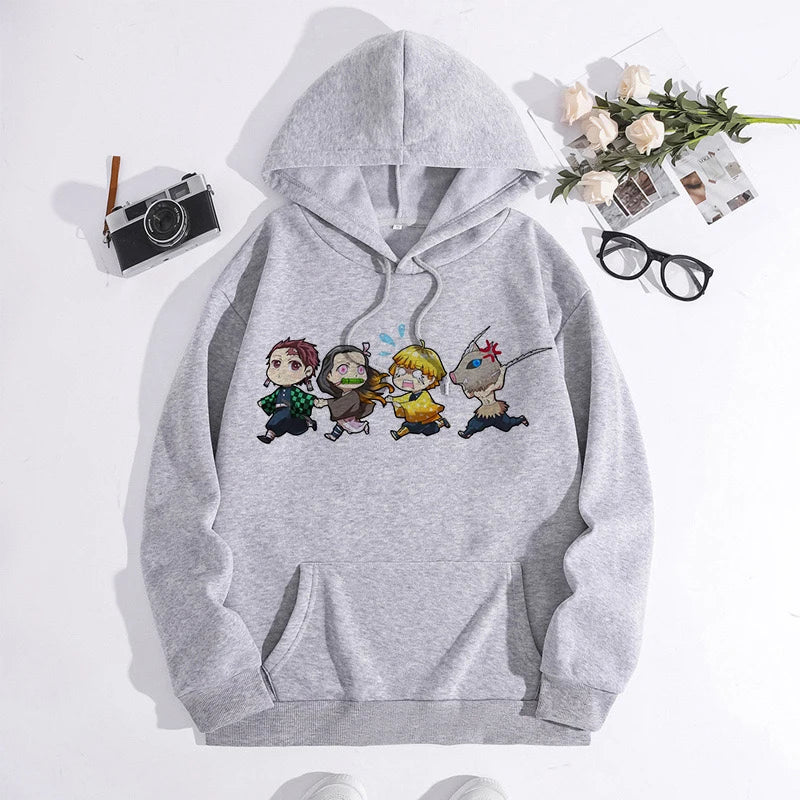 Japanese Anime Demon Slayer Hoodie Unisex Kamado Tanjirou Graphic Sweatshirts Greys Y2k Harajuku Fashion Cartoon Pullover Winter