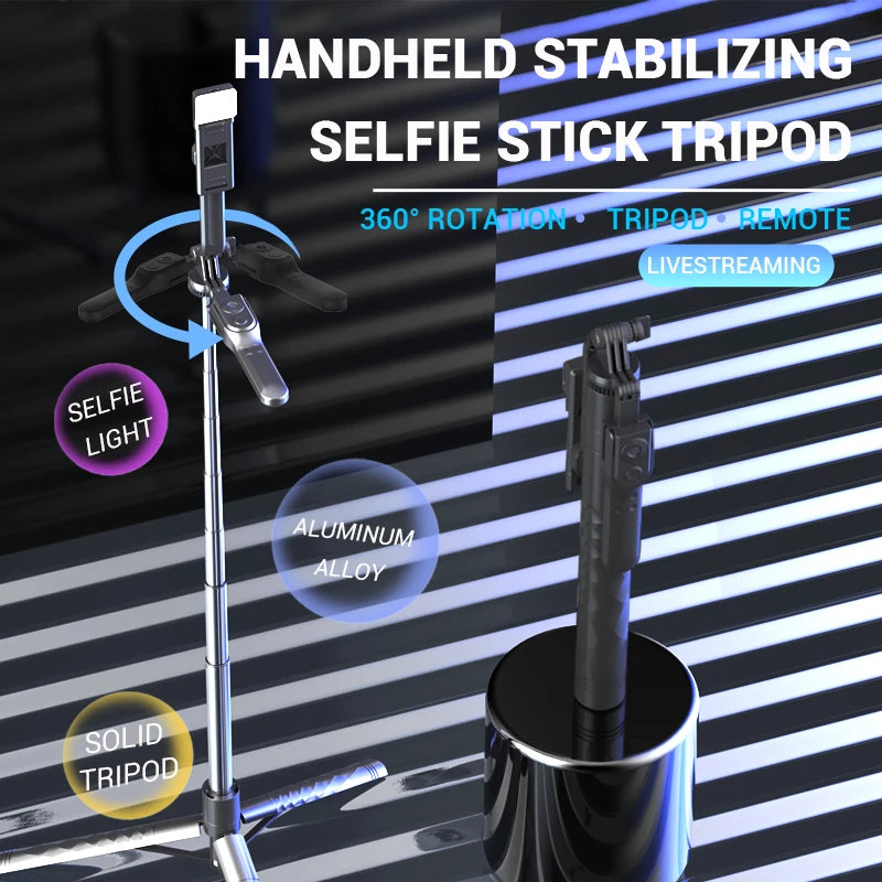 Perche à selfie sans fil FANGTUOSI 1750 mm, trépied, monopode pliable avec lumière LED pour smartphones, prise de vue stable et équilibrée en direct
