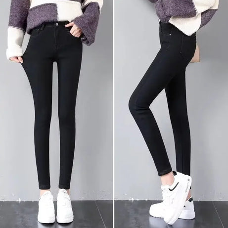 Jean skinny taille haute doublé polaire pour femme, épais et chaud, idéal pour l'hiver. Nouveau style polyvalent, coupe crayon, décontracté et confortable.