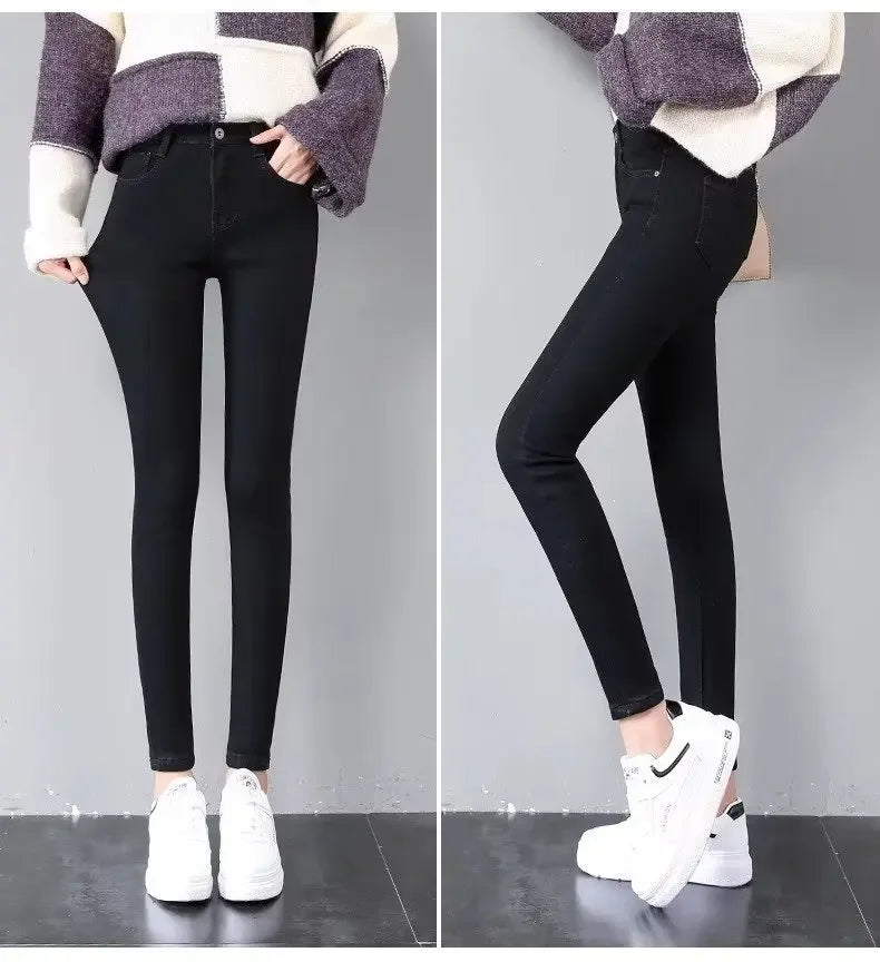 Jean skinny taille haute doublé polaire pour femme, épais et chaud, idéal pour l'hiver. Nouveau style polyvalent, coupe crayon, décontracté et confortable.