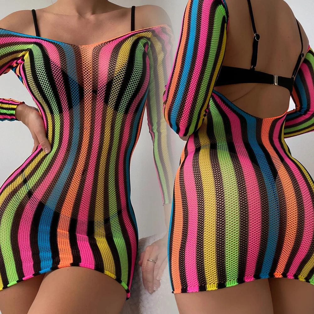 High Elasticity Fashion Hip Wrap Skirt Quality Female Nightdress Mesh Transparent Bodycon Dress Ladies Sex Hollow Tight Lingerie