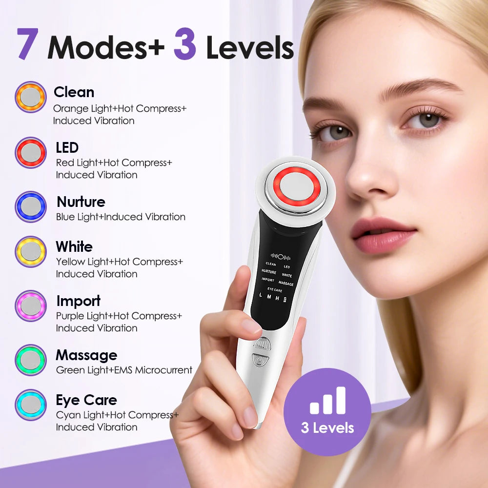 Appareil de massage facial EMS 7 en 1, instrument de beauté pour le visage avec vibrations induites, compresses chaudes et thérapie par la lumière LED.