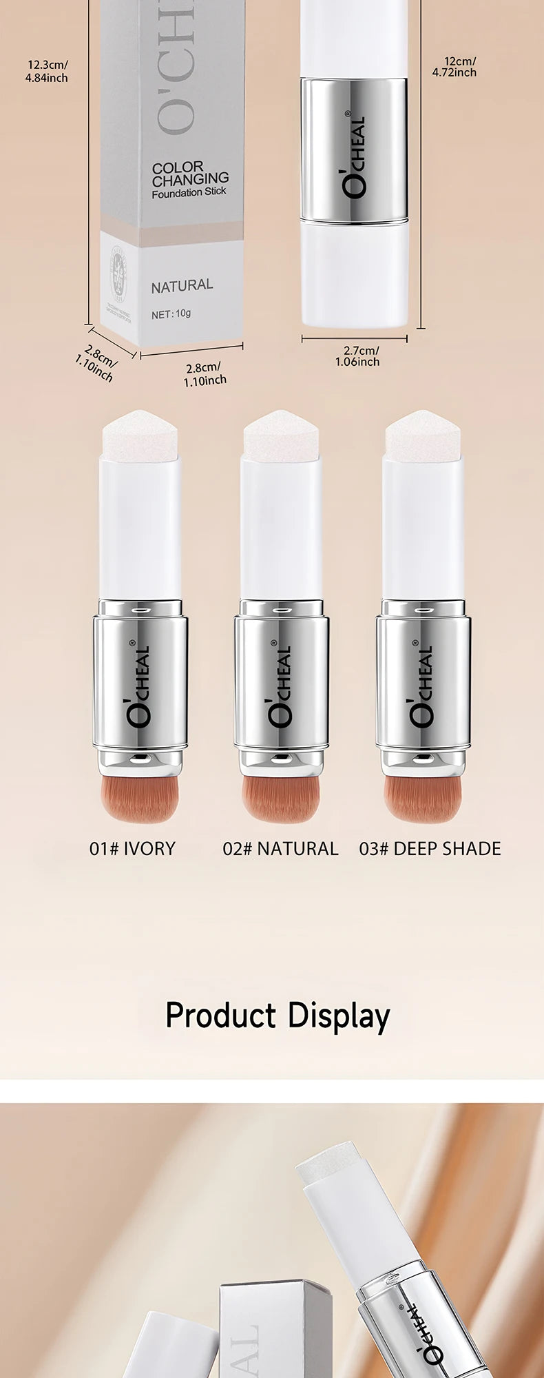 Fond de teint stick thermosensible O'CHEAL, couvrance du visage, imperfections et pores, double embout, fini mat.