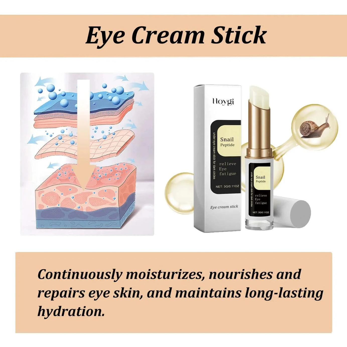 Stick contour des yeux à la bave d'escargot, collagène, atténue les ridules, les rides, éclaircit les cernes, raffermit les poches et réduit les gonflements. Crème contour des yeux hydratante.