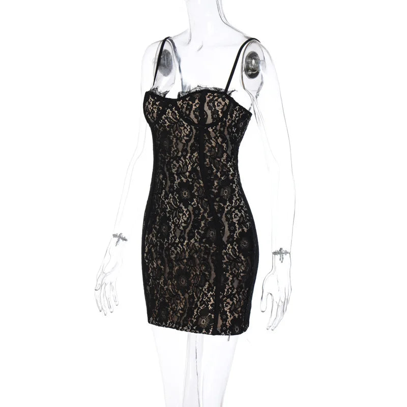 Robe mini moulante à bretelles en dentelle Dulzura été 2024 pour femme, style streetwear sexy, idéale pour les soirées et les clubs. Livraison directe. Vêtements style années 2000.