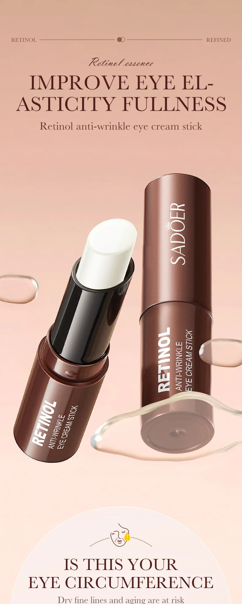 Crema de contorno de ojos con retinol en barra para eliminar ojeras, hidratar, reafirmar e iluminar la piel del contorno de ojos.