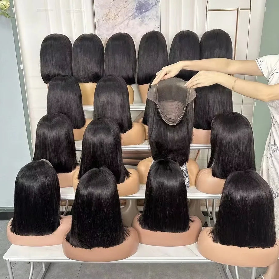 Perruque courte et lisse 13x4 avec lace front transparente 4x4, densité 200%, 100% cheveux humains, pré-épilée, pour femmes noires, 12 à 16 pouces.
