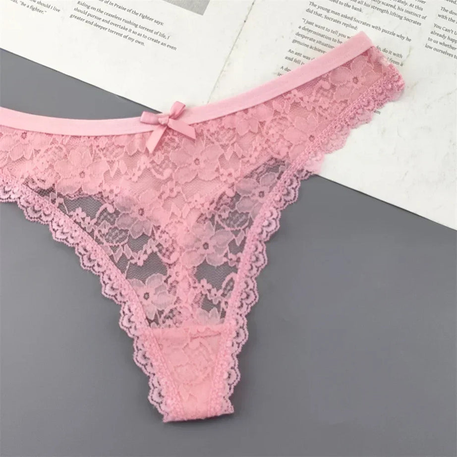 Lot de 3 culottes string sexy en dentelle transparente pour femme, sans coutures, style bikini, taille basse, tailles S à XXL