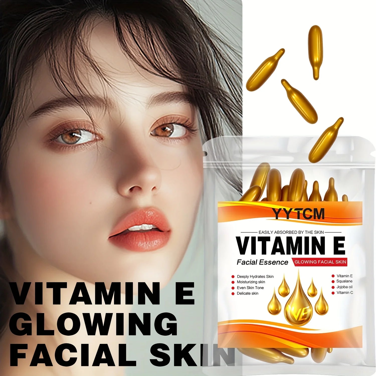 Capsules d'essence hydratante intense à la vitamine E, hydrate et lisse la peau, contient du squalane végétal et de la vitamine C. Essence hydratante et illuminatrice pour le teint (0,4 g x 30 capsules) / 1 sachet