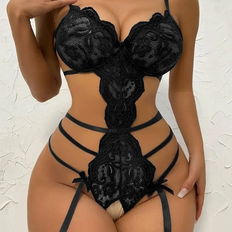 Ensemble de lingerie sexy en dentelle pour femme – Soutien-gorge à volants transparents et string taille haute à bretelles, sous-vêtements transparents élégants