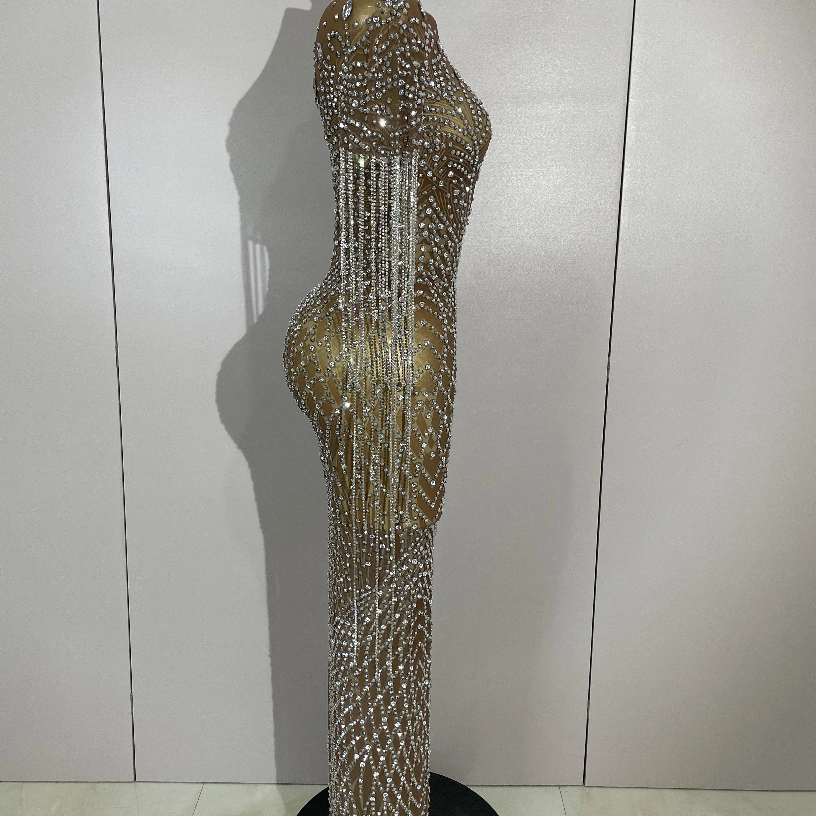 Luxery Sparkly Rhinestones Tassel Transparent Mesh Stretch Long Dress Women Evening Celebrate Birthday Dress Sexy Stage Costumes