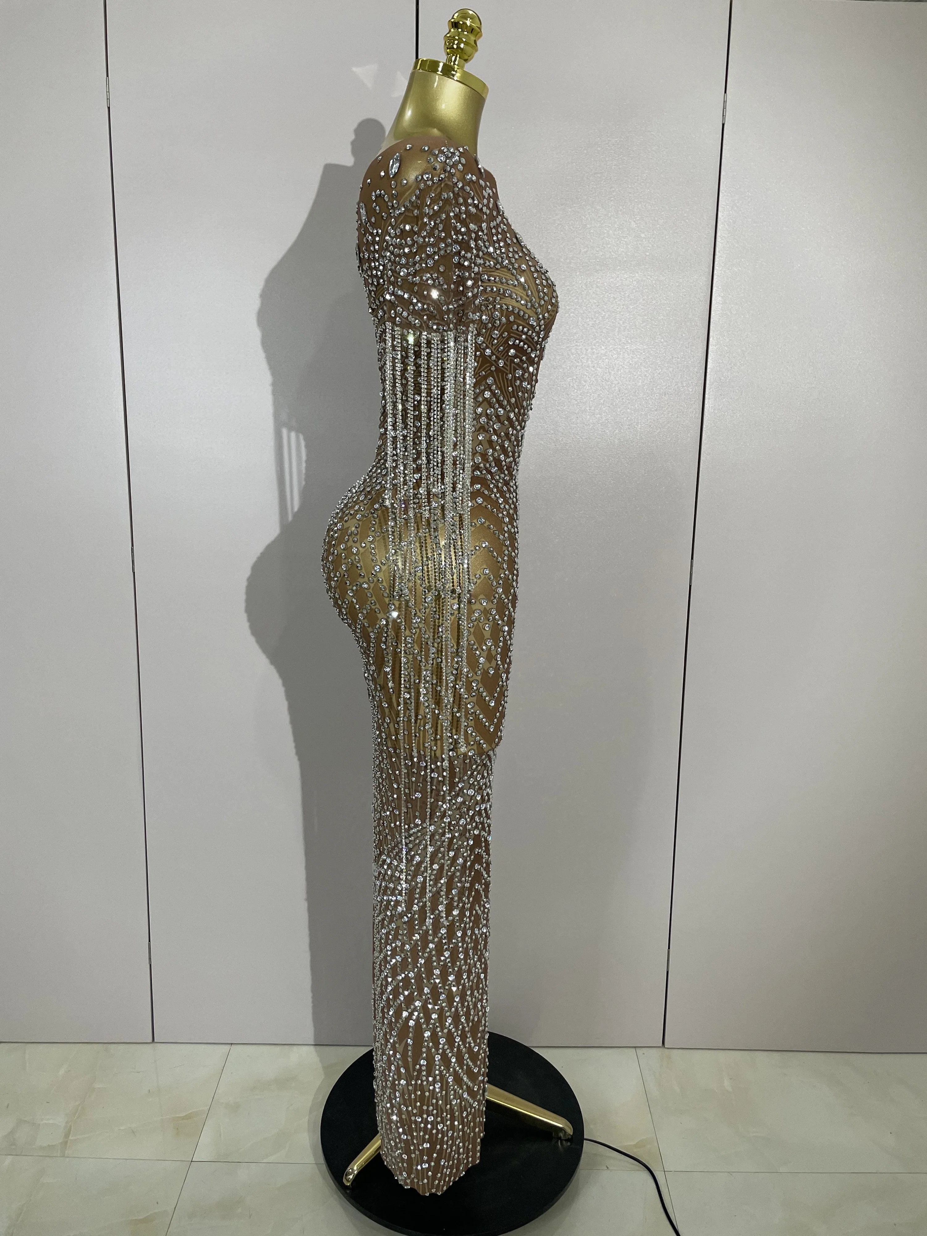 Luxery Sparkly Rhinestones Tassel Transparent Mesh Stretch Long Dress Women Evening Celebrate Birthday Dress Sexy Stage Costumes