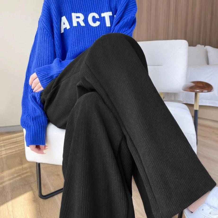 Pantalon polaire femme jambes larges, pantalon long d'hiver taille haute, coupe ample et décontractée