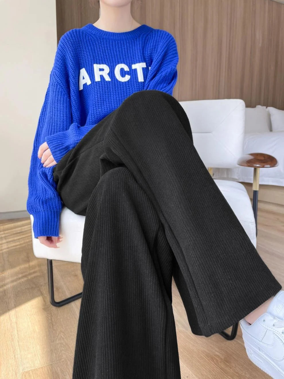 Pantalon polaire femme jambes larges, pantalon long d'hiver taille haute, coupe ample et décontractée