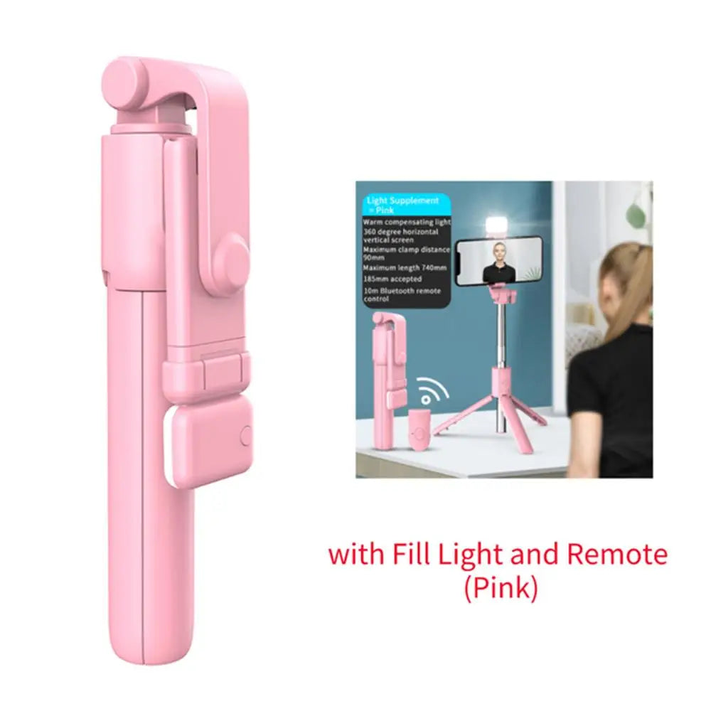 Perche à selfie avec trépied, télécommande Bluetooth et support de téléphone sans fil avec lumière LED intégrée pour le streaming en direct.