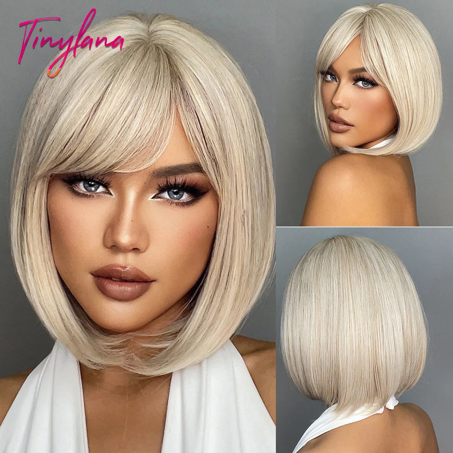 Perruque synthétique blanche, blonde et grise avec frange, coupe courte et lisse, idéale pour le cosplay et le quotidien. Cheveux naturels et résistants à la chaleur.