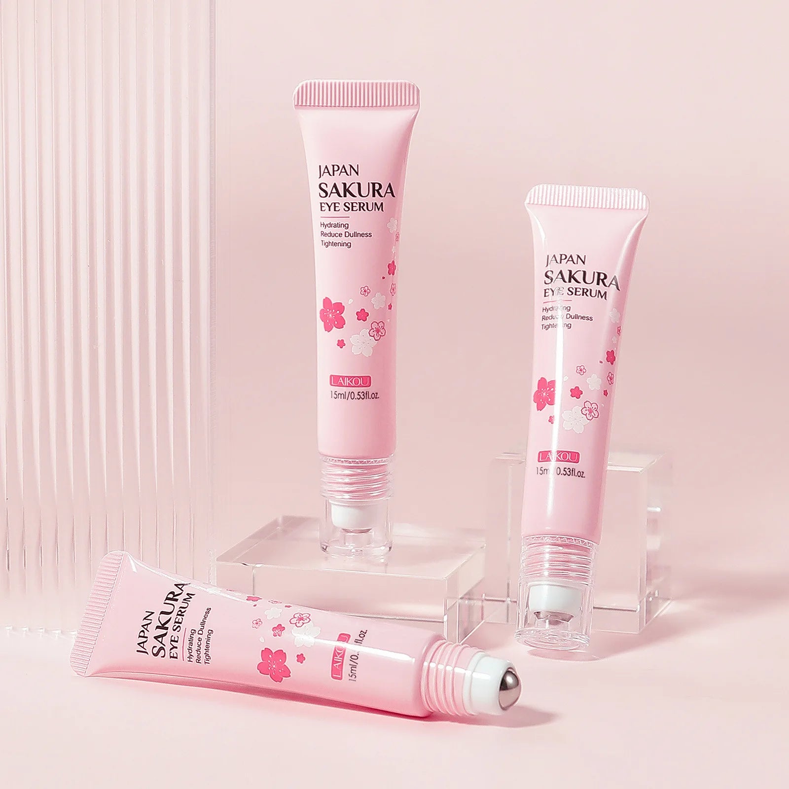 LAIKOU Sakura Eye Serum Roller Massage con ácido hialurónico para el cuidado de la piel, bolsas en los ojos, crema hidratante para ojeras 15 ml
