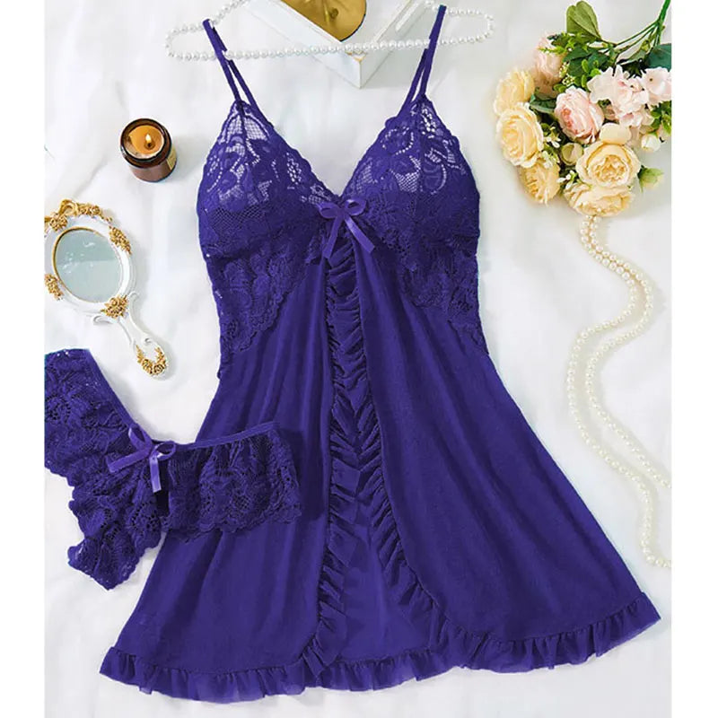Robe de nuit d'été sexy et chaude, sans manches, dos nu, en dentelle transparente, couleur unie, pyjama doux, ensemble string court à col en V