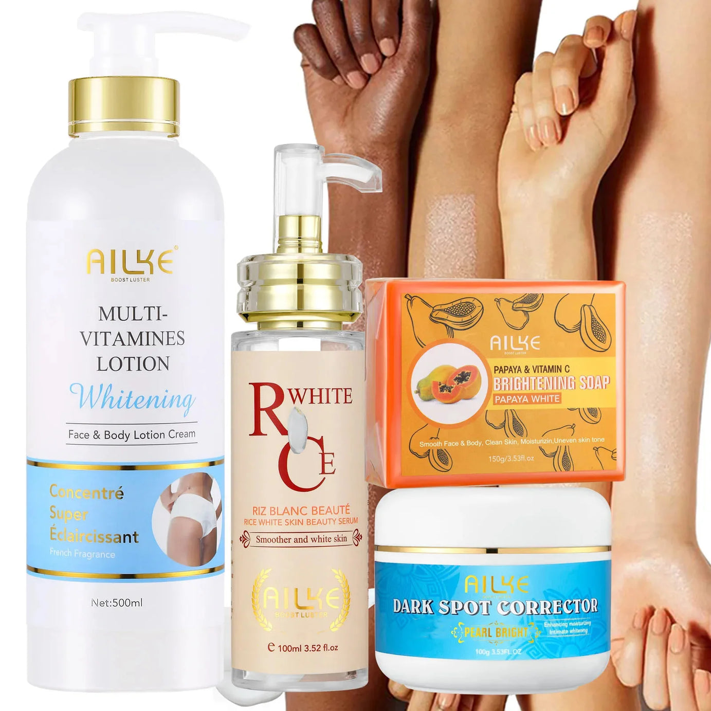 Kit de soins éclaircissants multivitaminés naturels AILKE : hydrate, unifie le teint, atténue les taches brunes et blanches, nettoie et lisse la peau.