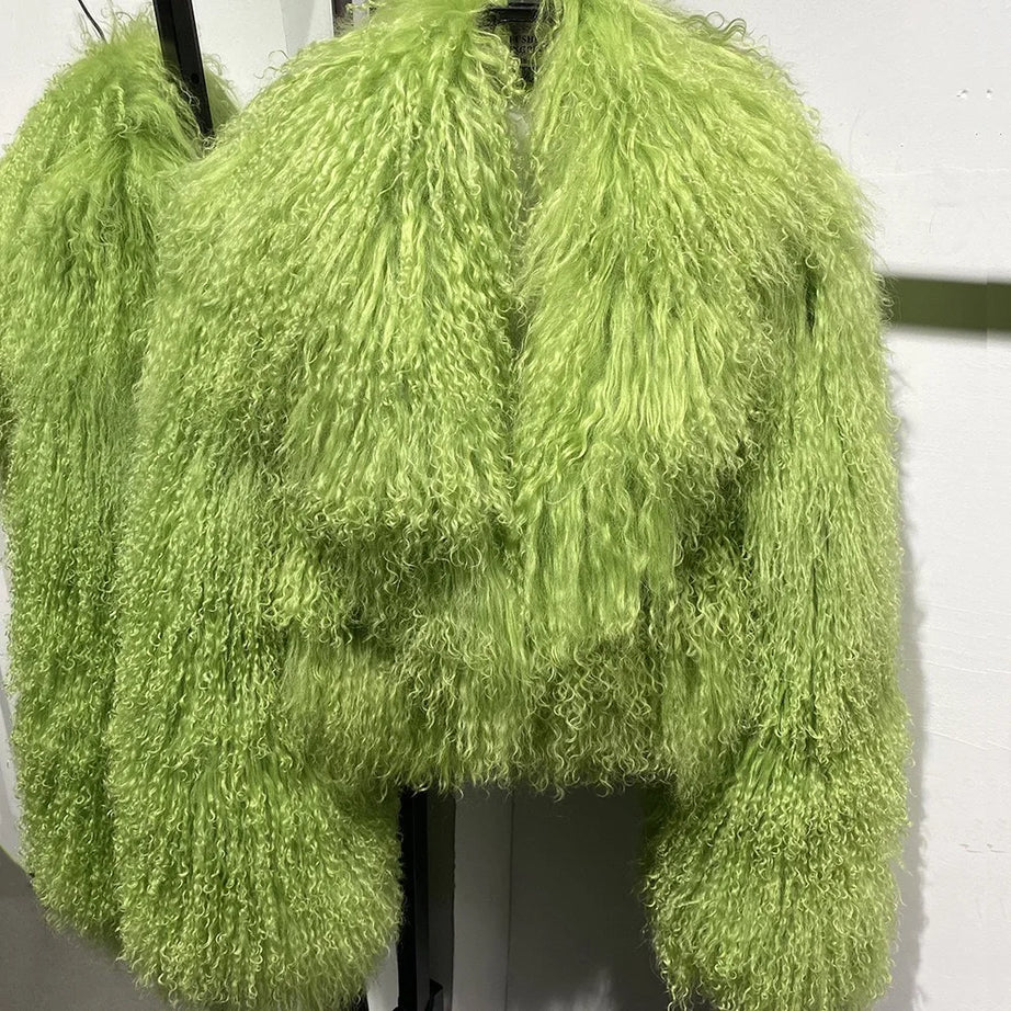 Manteau court en véritable fourrure de mouton de Mongolie, manches longues, pour femme.