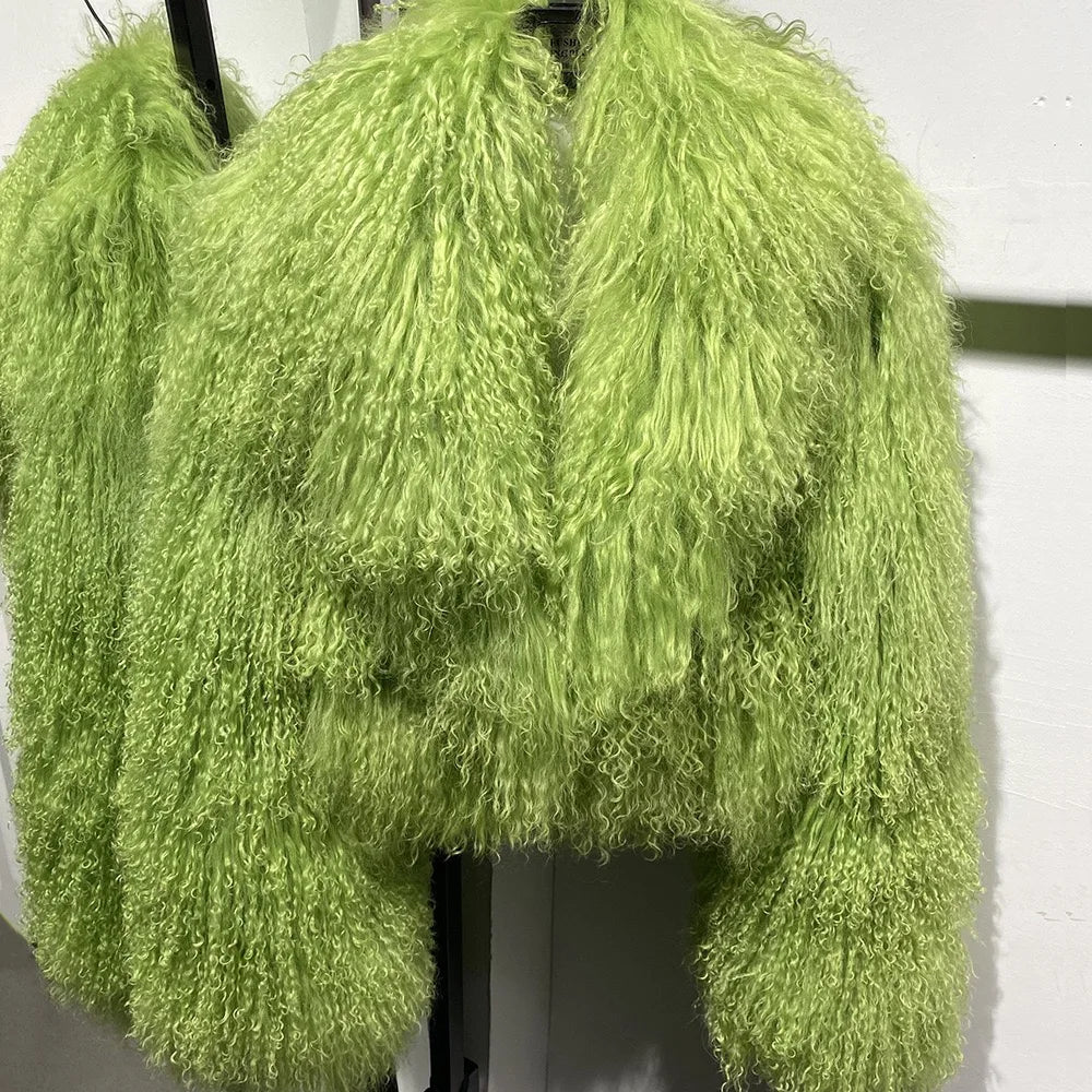 Manteau court en véritable fourrure de mouton de Mongolie, manches longues, pour femme.