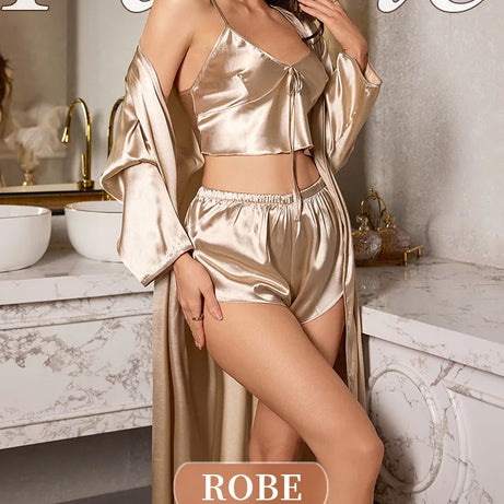 Ensemble 3 pièces de pyjama sexy pour femme, comprenant nuisettes en satin, robes de nuit et peignoirs courts.