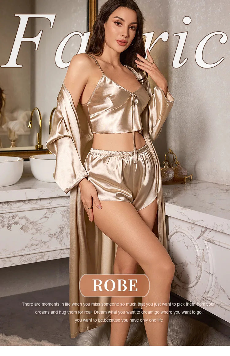 Ensemble 3 pièces de pyjama sexy pour femme, comprenant nuisettes en satin, robes de nuit et peignoirs courts.