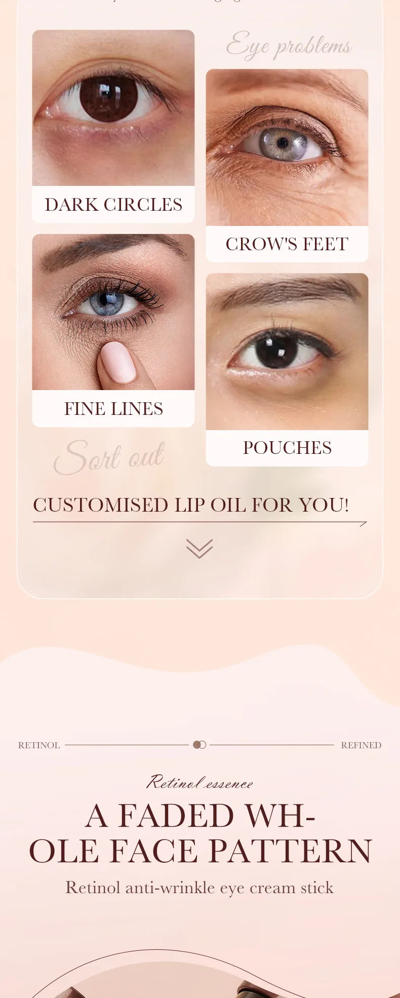 Crema de contorno de ojos con retinol en barra para eliminar ojeras, hidratar, reafirmar e iluminar la piel del contorno de ojos.