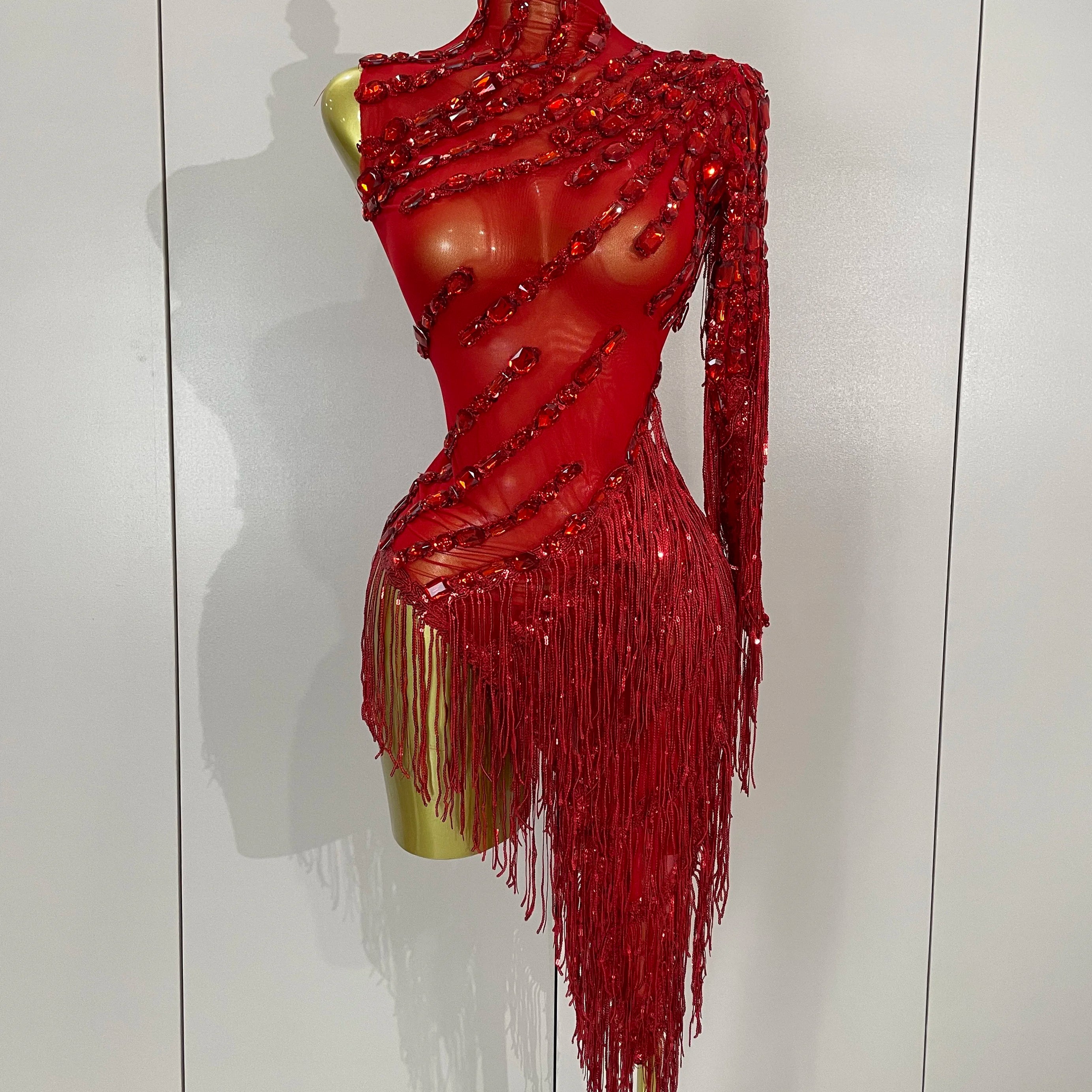 New Stage Costume Sparkly Rhinestones Tassel Sexy See-Through Dress Women One Shoulder Latin Dance Bars Nightclub Party Outfits