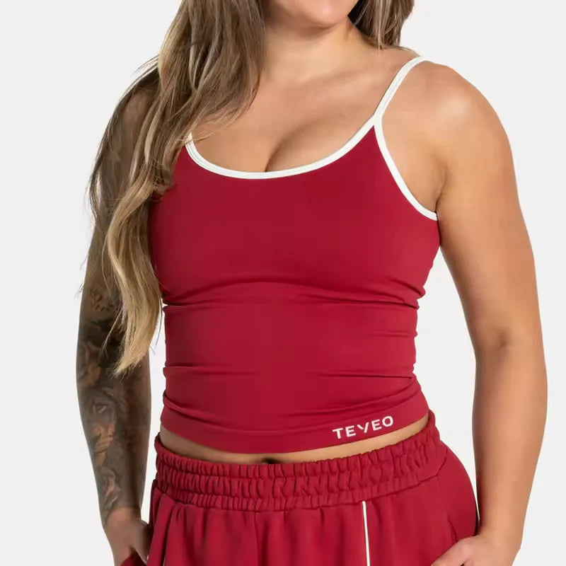 TEVEO Women's Backless Knitted Sports Bra Solid Color Summer Gym Fitness Top with Chest Cushion Sexy Suspender Yoga Bra