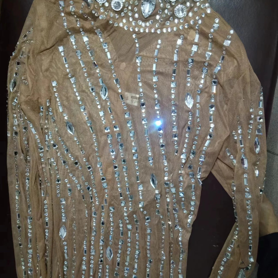 Sparkly Silver Big Rhinestone Transparent Long Dress Evening Birthday Celebrate Luxurious Costume Dancer Flashing Dress