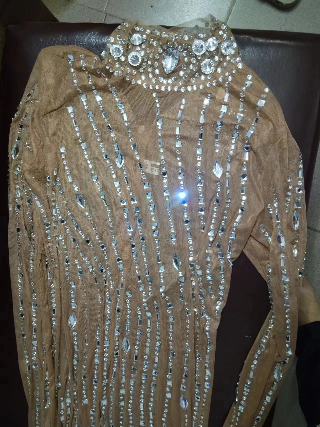 Sparkly Silver Big Rhinestone Transparent Long Dress Evening Birthday Celebrate Luxurious Costume Dancer Flashing Dress