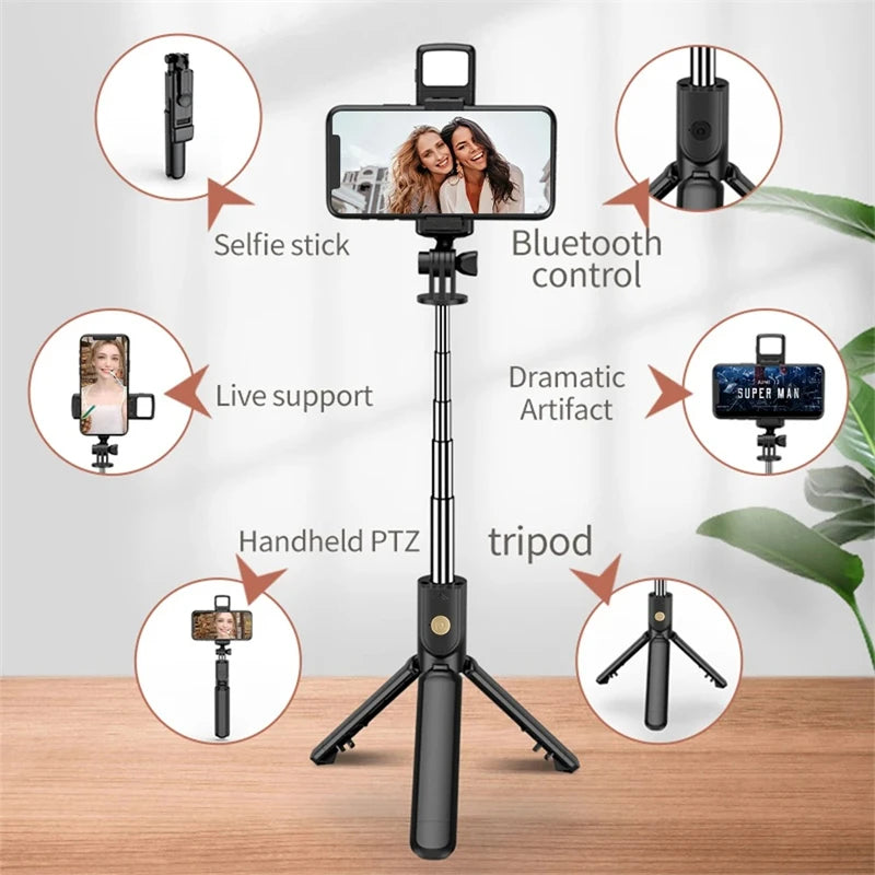 Perche à selfie sans fil avec trépied, lampe et télécommande Bluetooth extensible pour iPhone et streaming TikTok en direct
