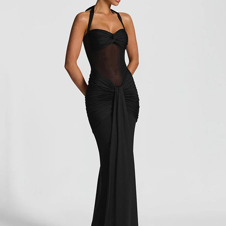 Robe maxi élégante patchwork pour femme, style classique et sexy, avec rubans transparents, dos nu et bretelles fines, coupe moulante, tendance festival et soirée.