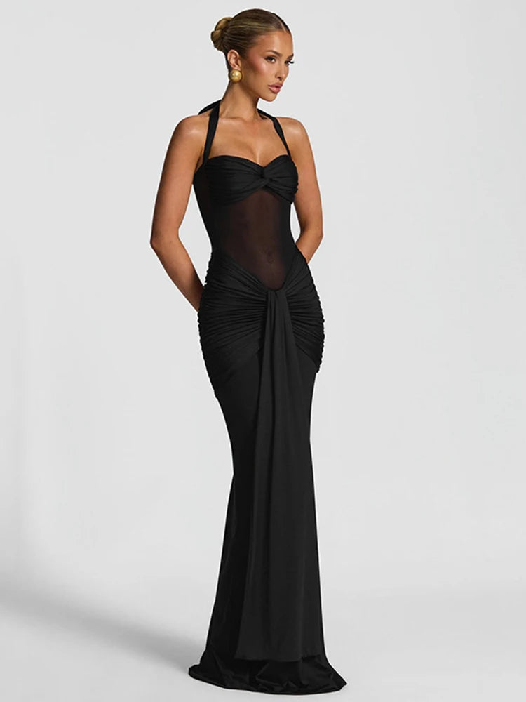 Robe maxi élégante patchwork pour femme, style classique et sexy, avec rubans transparents, dos nu et bretelles fines, coupe moulante, tendance festival et soirée.