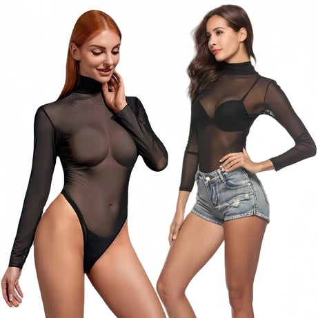 Women Black Long Sleeve Bodycon Body Suits Plus Size One-pieces See Through Bodysuits Sexy Shirts Tops for Woman Club Streetwear