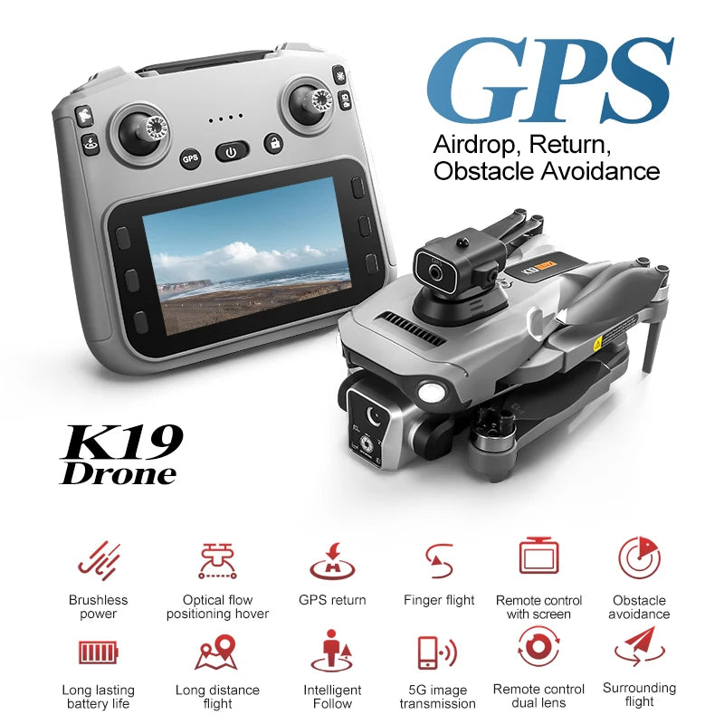 Nouveau drone K19 MAX GPS professionnel avec caméra 8K, vol FPV aérien, évitement d'obstacles, télécommande grand écran et drone pliable