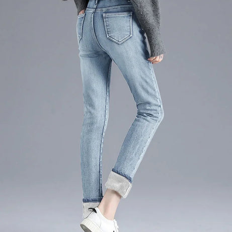 Jean d'hiver épais doublé polaire pour femme, amincissant, chaud et élastique, coupe crayon