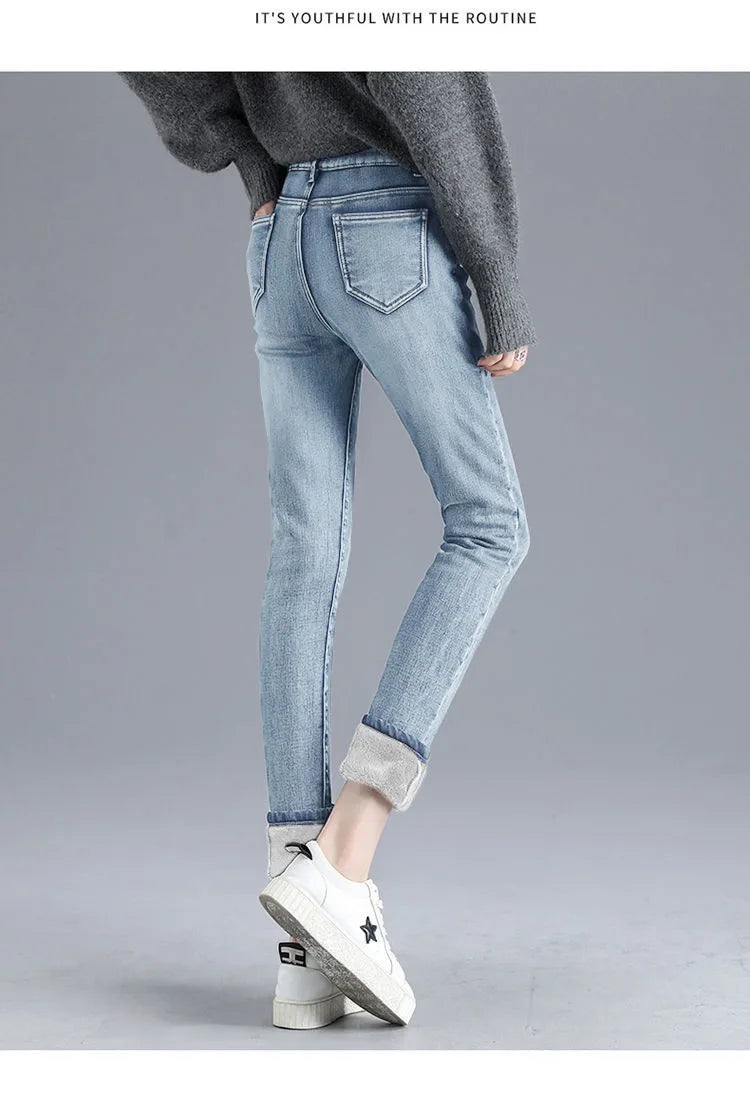 Jean d'hiver épais doublé polaire pour femme, amincissant, chaud et élastique, coupe crayon