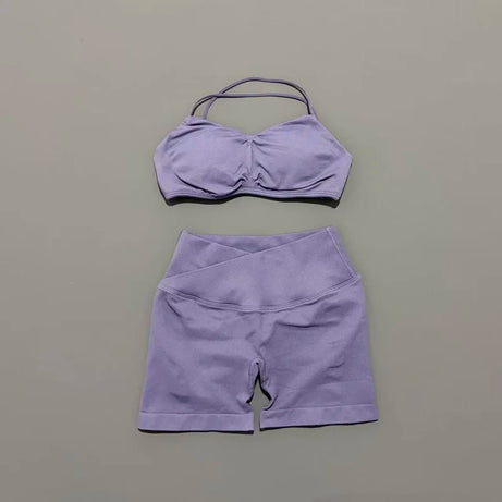 Ensemble de sport HISTELLO Vision 2 pièces pour femme : soutien-gorge de yoga à bretelles, short froncé, tenue de fitness et ensemble de yoga sans coutures.