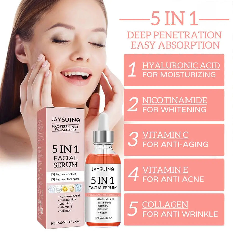 Sérum visage 5 en 1 : Atténue les ridules, raffermit, hydrate et illumine le teint, enrichi en vitamine C et en acide hyaluronique, resserre les pores. Soin de la peau.