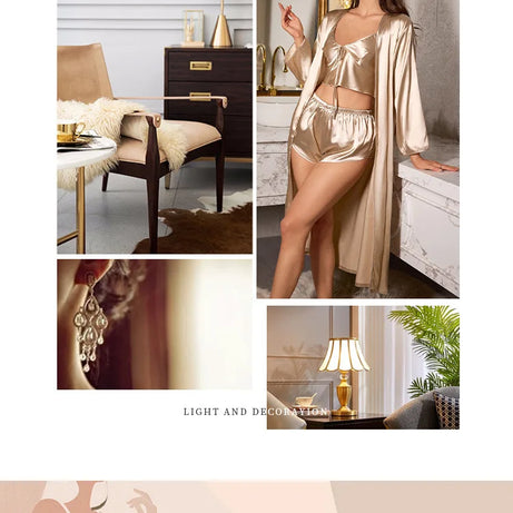 Ensemble 3 pièces de pyjama sexy pour femme, comprenant nuisettes en satin, robes de nuit et peignoirs courts.