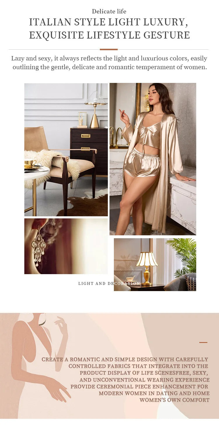 Ensemble 3 pièces de pyjama sexy pour femme, comprenant nuisettes en satin, robes de nuit et peignoirs courts.