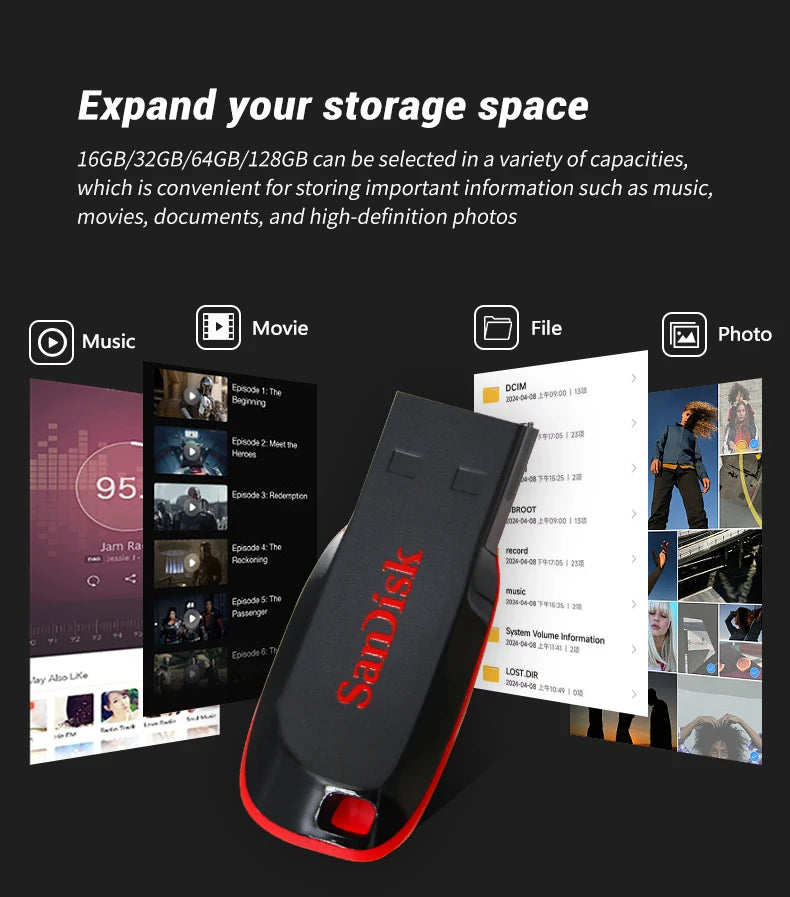 Clé USB SanDisk Cruzer Blade originale 16 Go, 32 Go, 64 Go, 128 Go, disque de stockage USB portable pour ordinateur