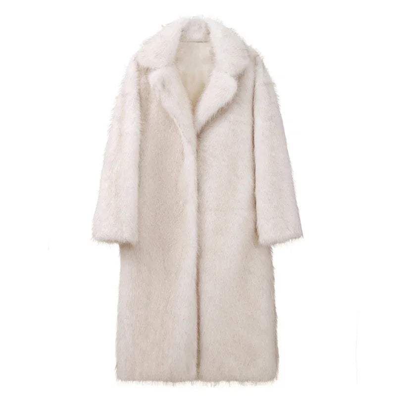 Manteau long en fausse fourrure de renard Neo Mint Vintage Luxury pour femme, collection hiver 2024, chaud et moelleux, style streetwear.