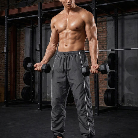 Pantalon de sport tendance pour homme, avec lignes, idéal pour la salle de sport et la course à pied. Poches latérales, séchage rapide et respirant.