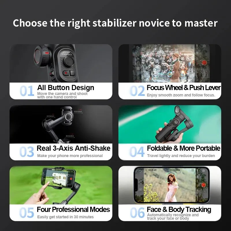 Stabilisateur à cardan 3 axes pour smartphone, pliable, portable, pour l'enregistrement vidéo, les vlogs et les appareils Android. Stabilisateur anti-tremblement PTZ pour iPhone et Android.