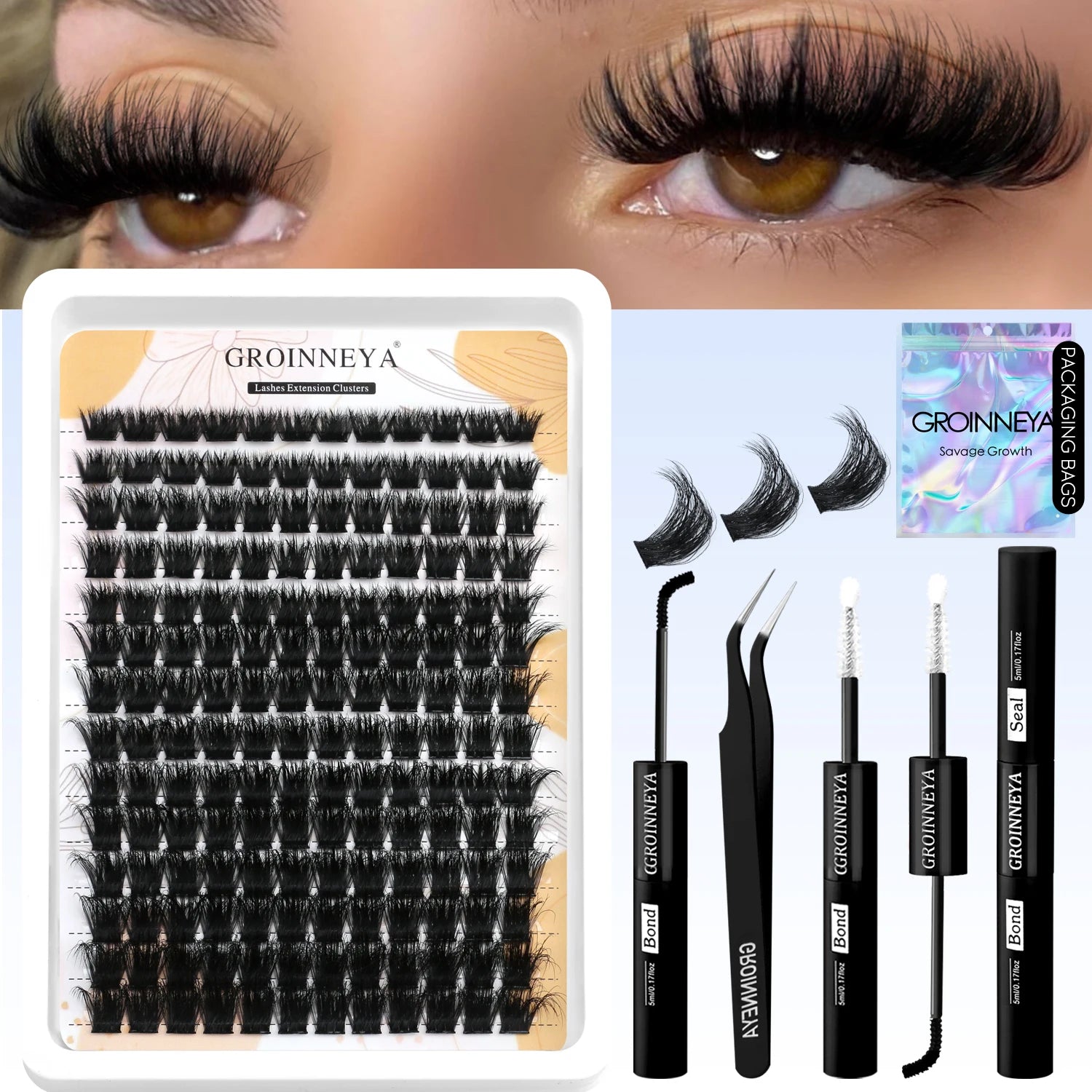 Kit de faux cils GROINNEYA avec patchs waterproof à tenue forte, kit d'extension de cils à faire soi-même, colle et fixateur, pince à épiler et maquillage.