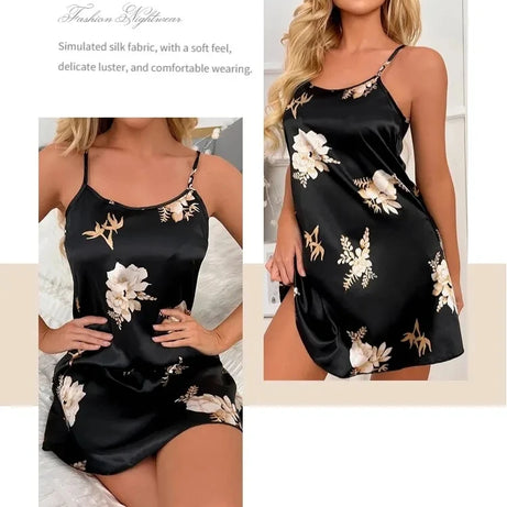 Vêtements de nuit pour femmes, vêtements d'intérieur, nuisette sexy noire à imprimé floral, chemises de nuit en soie, chemises de nuit pour femmes